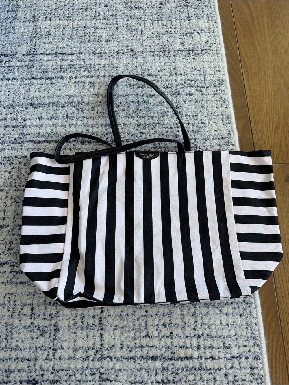 Victoria's Secret Black & Pink Vertical Stripe Tote